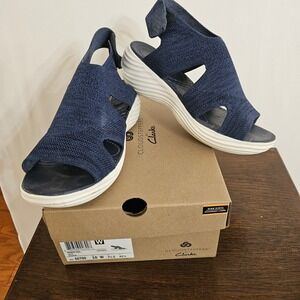 Clarks Navy Knit Wedge Sandals with White Sole